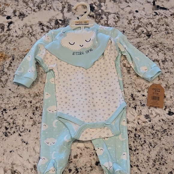 Chick Pea Blue and White Cloud Print Baby Three Piece Set - Picture 1 of 10